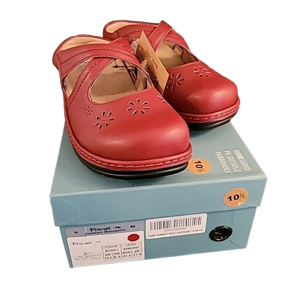 Pamir‎ Womens 10.5M Leather Clogs Burgundy NEW Comfort Insole